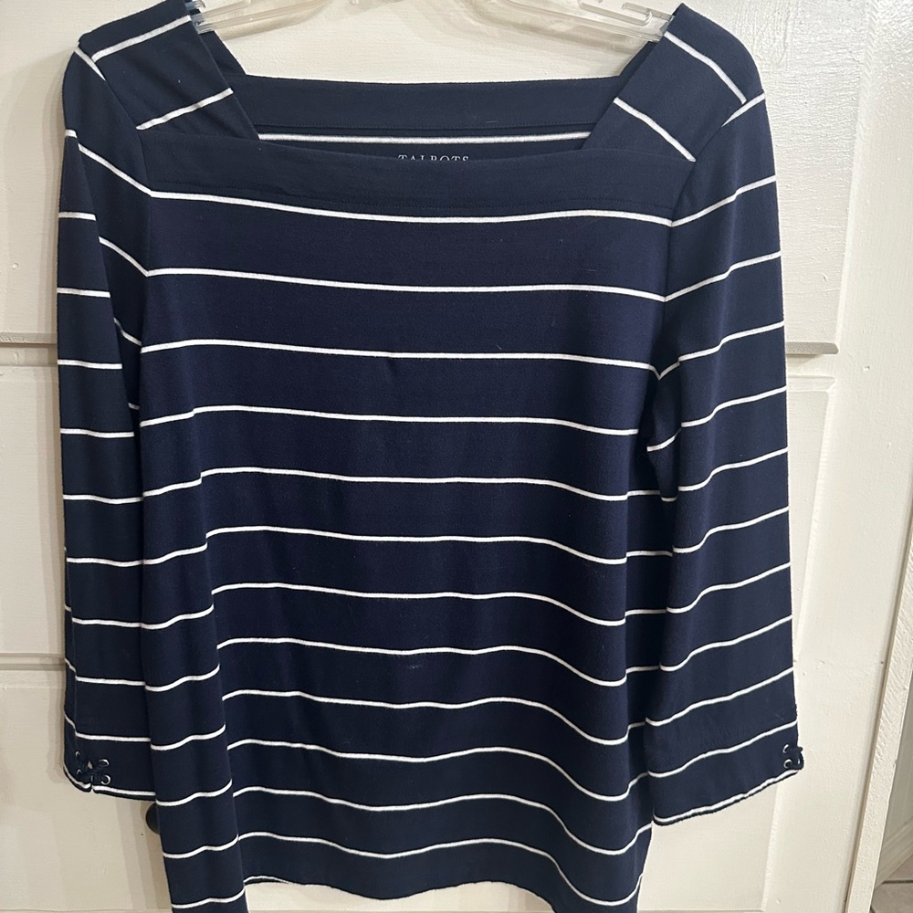 Talbots Navy and White Striped Top